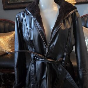 Women's Dark Brown Leather Jacket with Brown Faux Fur Lining